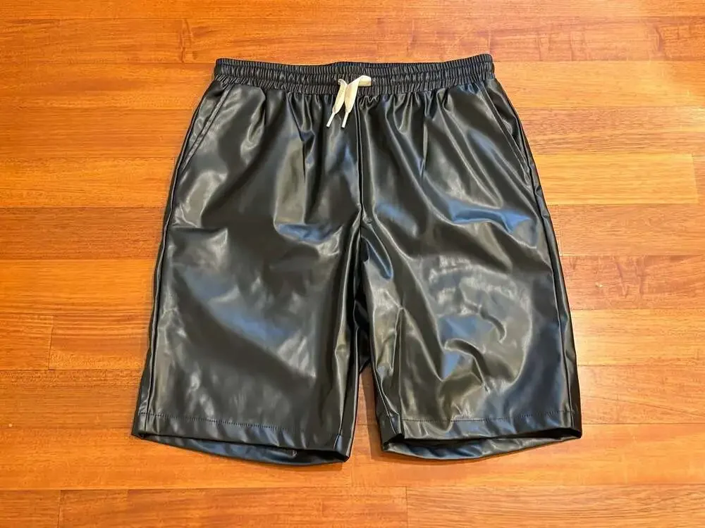 Men's Black Faux Leather Relaxed Fit Elastic Waist Shorts